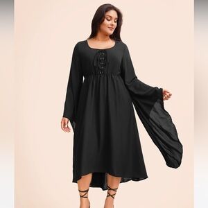 Solid Bell Sleeve Pocket Ties High Low Hem Dress (Black)